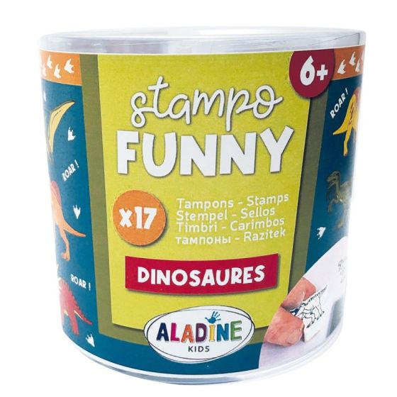 Boîte 17 tampons Stampo Funny « Dinosaures » – kit enfants avec encreur pour créer & raconter