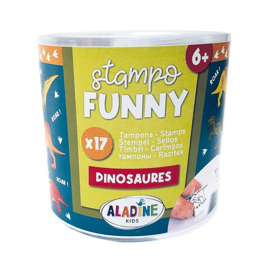 Boîte 17 tampons Stampo Funny « Dinosaures » – kit enfants avec encreur pour créer & raconter