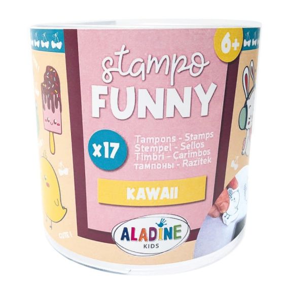 Boîte 17 tampons Stampo Funny « Kawaii » – kit enfants avec encreur pour créer & imaginer