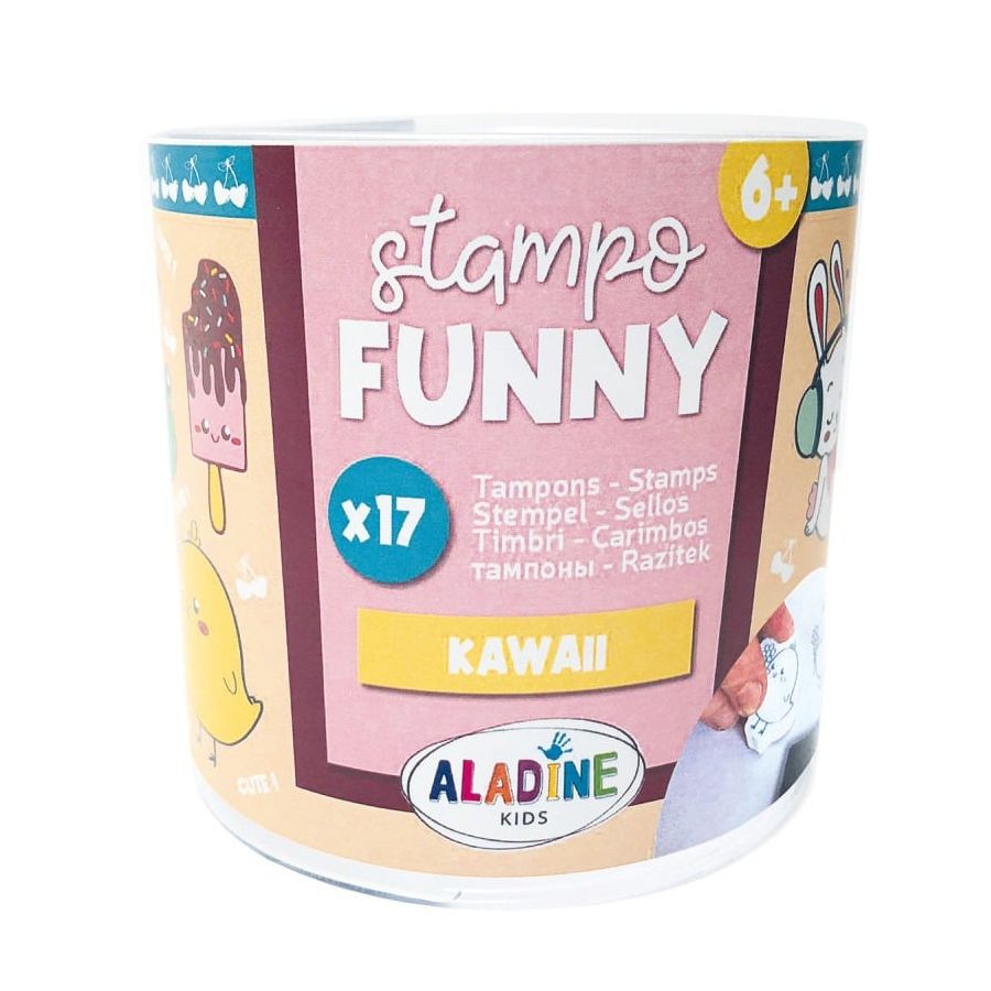 Boîte 17 tampons Stampo Funny « Kawaii » – kit enfants avec encreur pour créer & imaginer