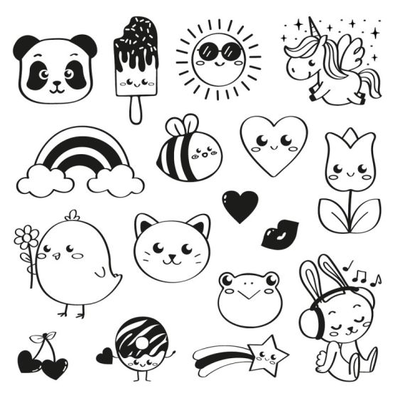 Boîte 17 tampons Stampo Funny « Kawaii » – kit enfants avec encreur