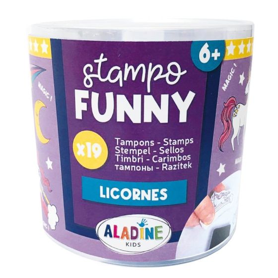 Boîte 19 tampons Stampo Funny « Licornes » – kit enfants avec encreur pour créer & rêver