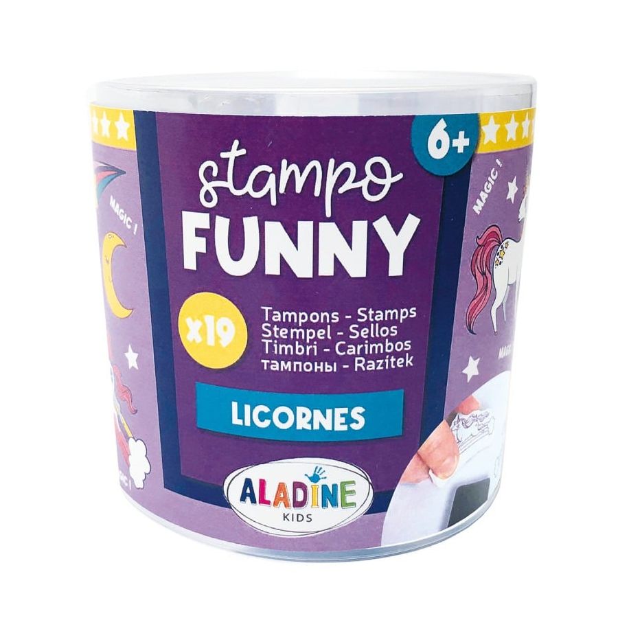 Boîte 19 tampons Stampo Funny « Licornes » – kit enfants avec encreur pour créer & rêver