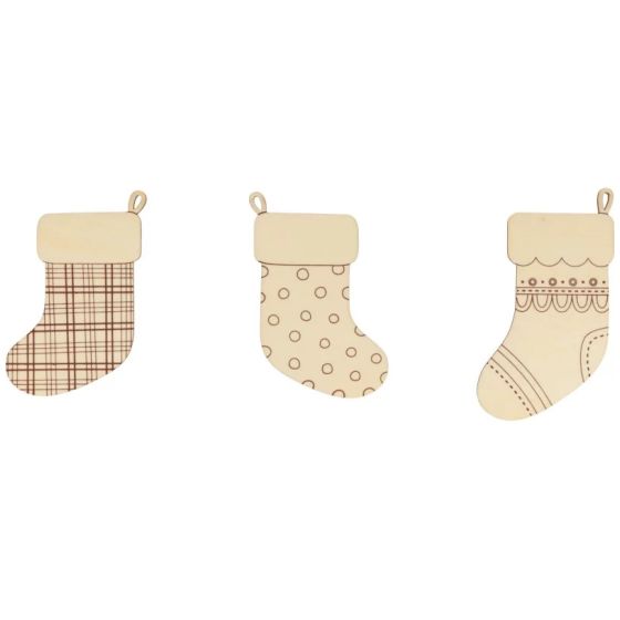 Lot 3 silhouettes bois à suspendre « Chaussettes » – H 11 à 12 cm, ép. 2 mm (Artemio)