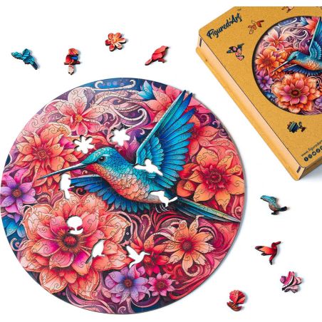 Puzzle en Bois Adulte - Colibri et Fleurs Épanouies 