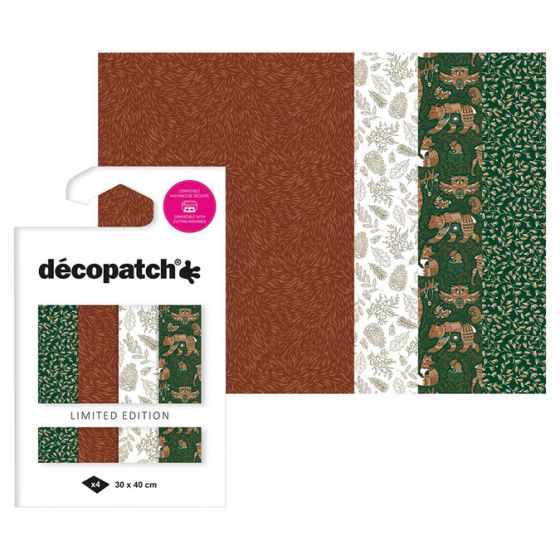 Assortiment 4 papiers foil « Forest » – textures Noël vert & or (Décopatch) 30×40 cm