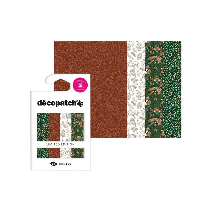 Assortiment 4 papiers foil « Forest » – textures Noël vert & or (Décopatch) 30×40 cm
