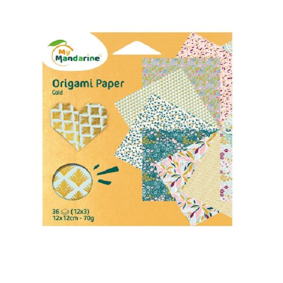 Papier origami « Gold » – 36 feuilles 12×12 cm, dorure à chaud, recto-verso