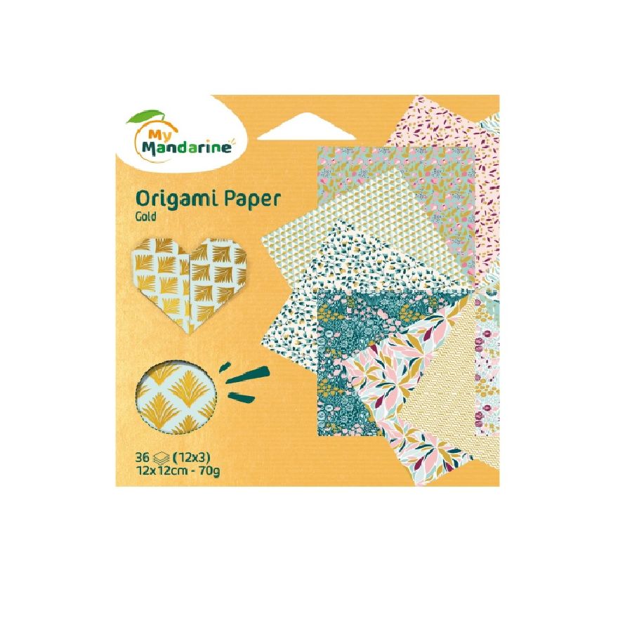 Papier origami « Gold » – 36 feuilles 12×12 cm, dorure à chaud, recto-verso