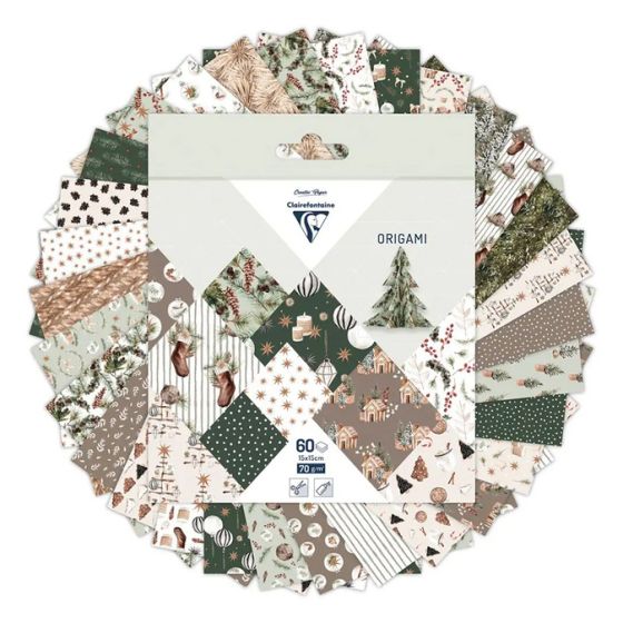 Papier origami Noël cosy – 60 feuilles 15×15 cm, 30 motifs (Clairefontaine)