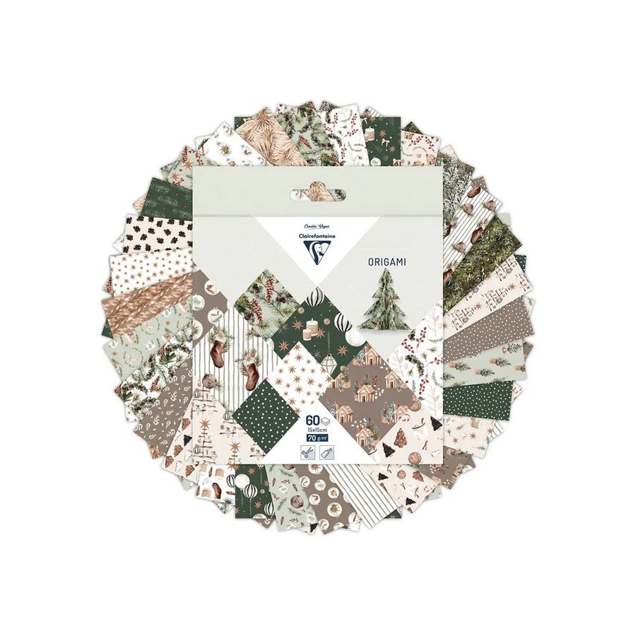 Papier origami Noël cosy – 60 feuilles 15×15 cm, 30 motifs (Clairefontaine)