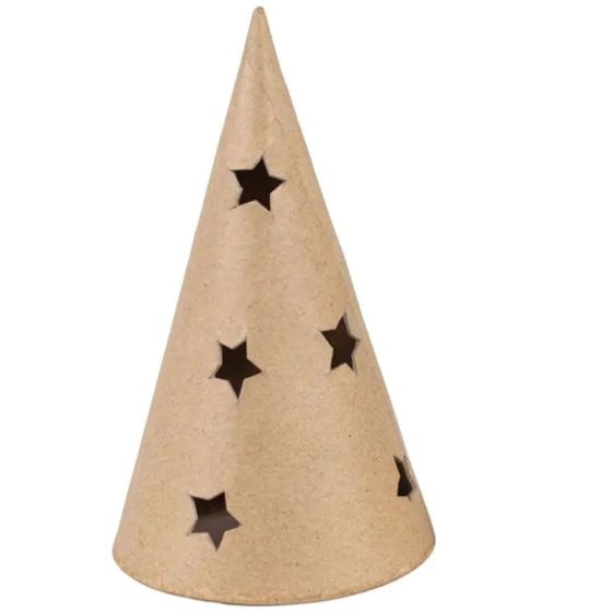Bougeoir sapin ajouré « Étoiles » – Ø 8 × 14,5 cm, papier mâché à décorer