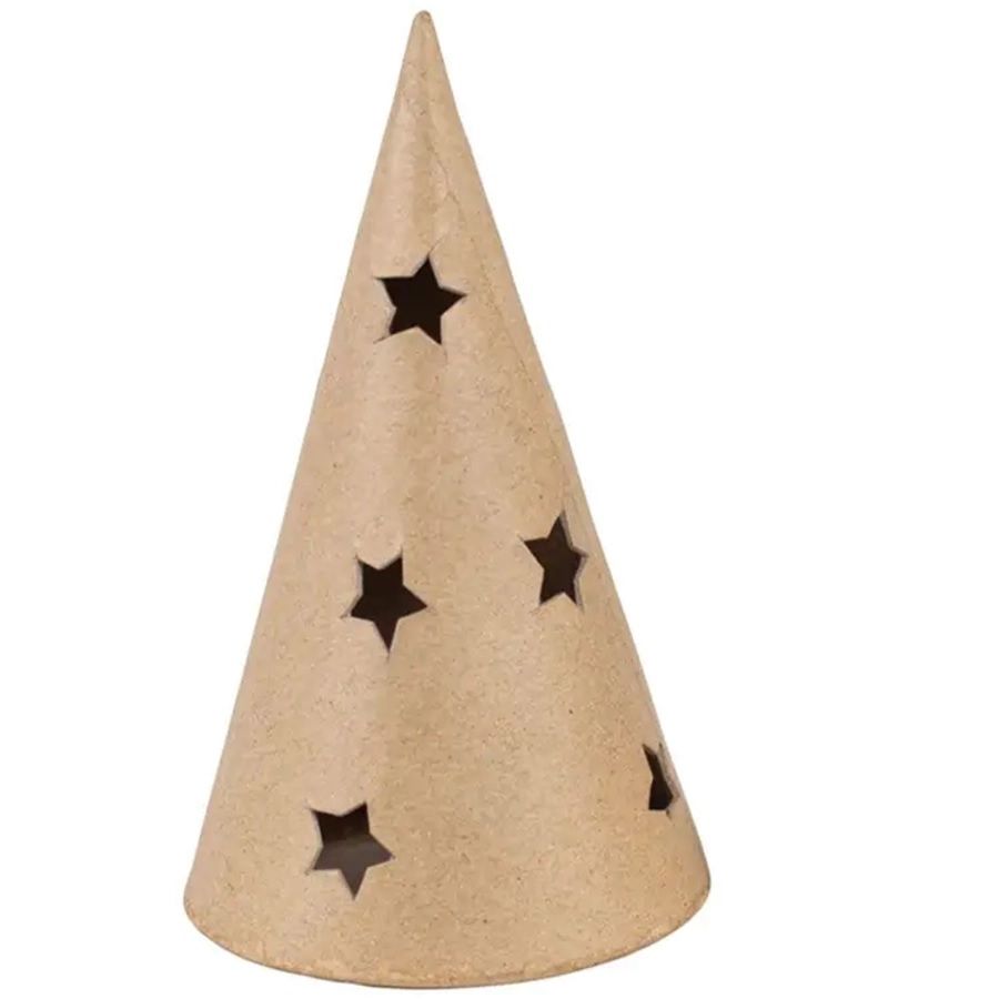 Bougeoir sapin ajouré « Étoiles » – Ø 8 × 14,5 cm, papier mâché à décorer