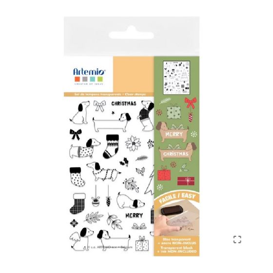 Tampons transparents 18×14 cm « Woofy Christmas » – teckels & motifs de Noël (Artemio)