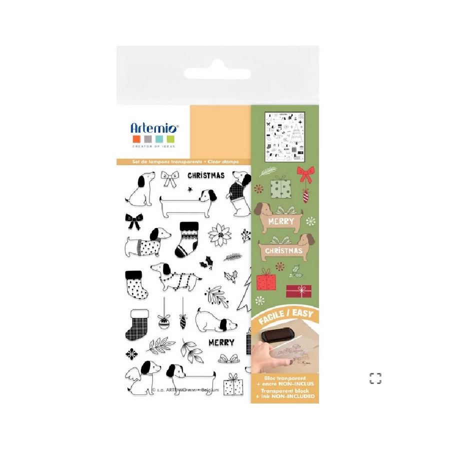 Tampons transparents 18×14 cm « Woofy Christmas » – teckels & motifs de Noël (Artemio)