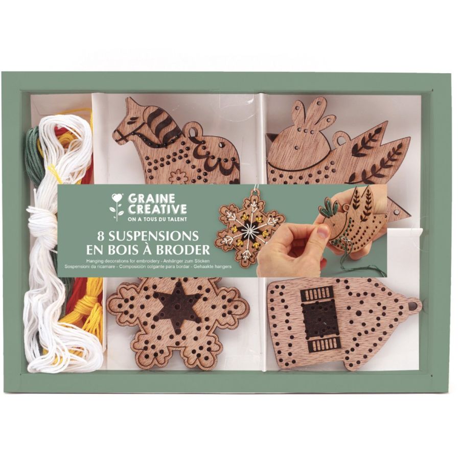 Kit 8 suspensions en bois à broder – Noël (avec fils)