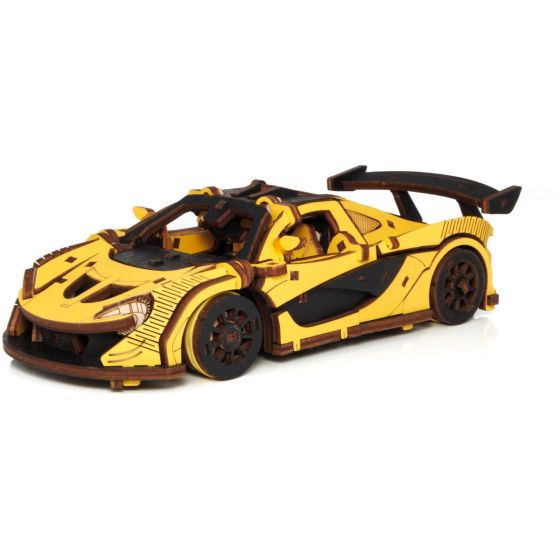 Modèle mécanique voiture de course jaune – Eco Wood Art (21×9,5×5,7 cm)