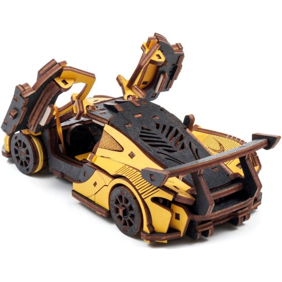 Modèle mécanique voiture de course jaune – Eco Wood Art (21×9,5×5,7 cm)