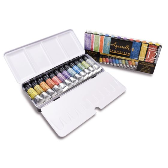 Boîte métal Sennelier – 12 aquarelles irisées + pinceau