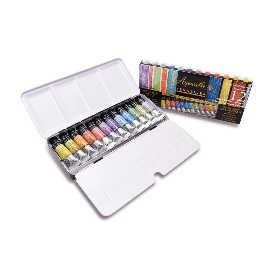 Boîte métal Sennelier – 12 aquarelles irisées + pinceau