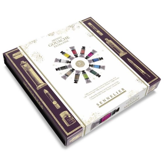 Coffret magnétique 12 tubes 10 ml – La Gouache Sennelier + bloc + 2 pinceaux