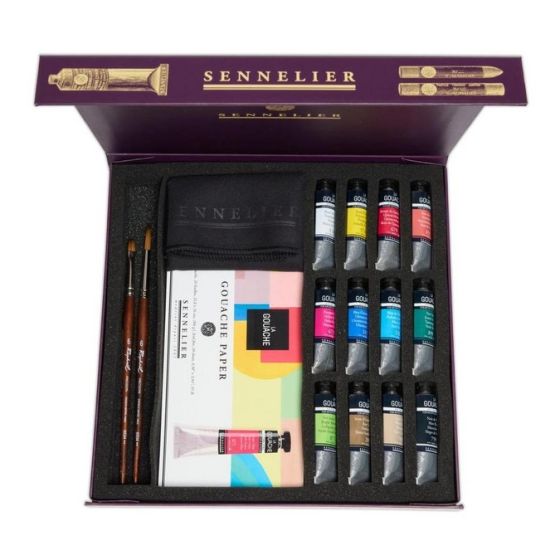 Coffret magnétique 12 tubes 10 ml – La Gouache Sennelier + bloc + 2 pinceaux