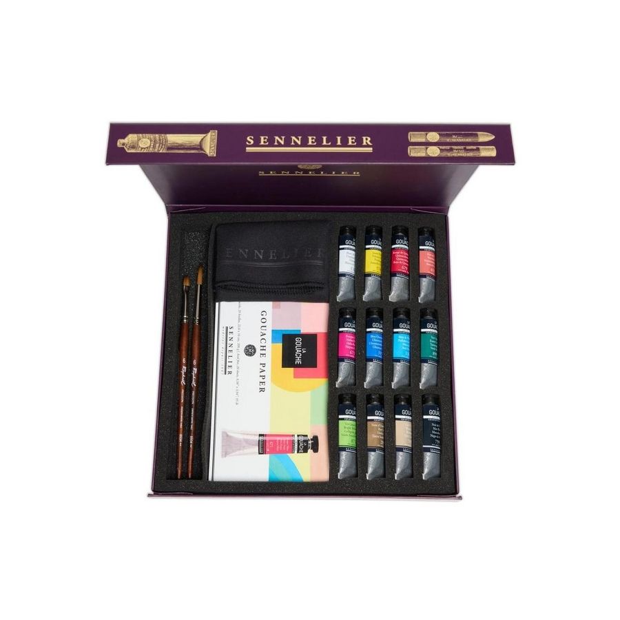 Coffret magnétique 12 tubes 10 ml – La Gouache Sennelier + bloc + 2 pinceaux