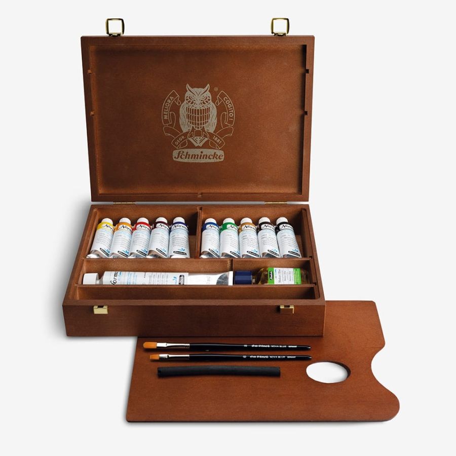 Coffret bois Schmincke Norma Blue – 11 huiles miscibles à l’eau 35 ml + palette & 2 pinceaux