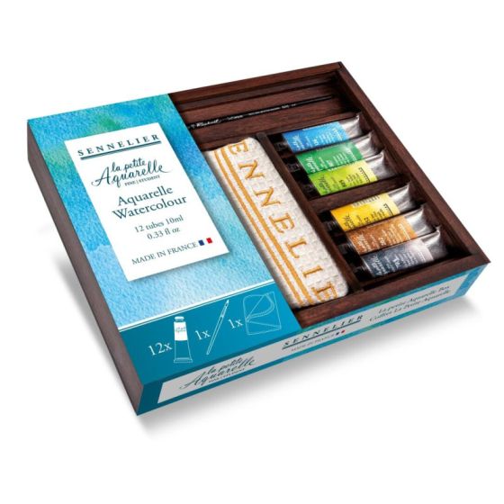 Coffret aquarelle Sennelier bois – 12 tubes 10 ml + pinceau + chiffon