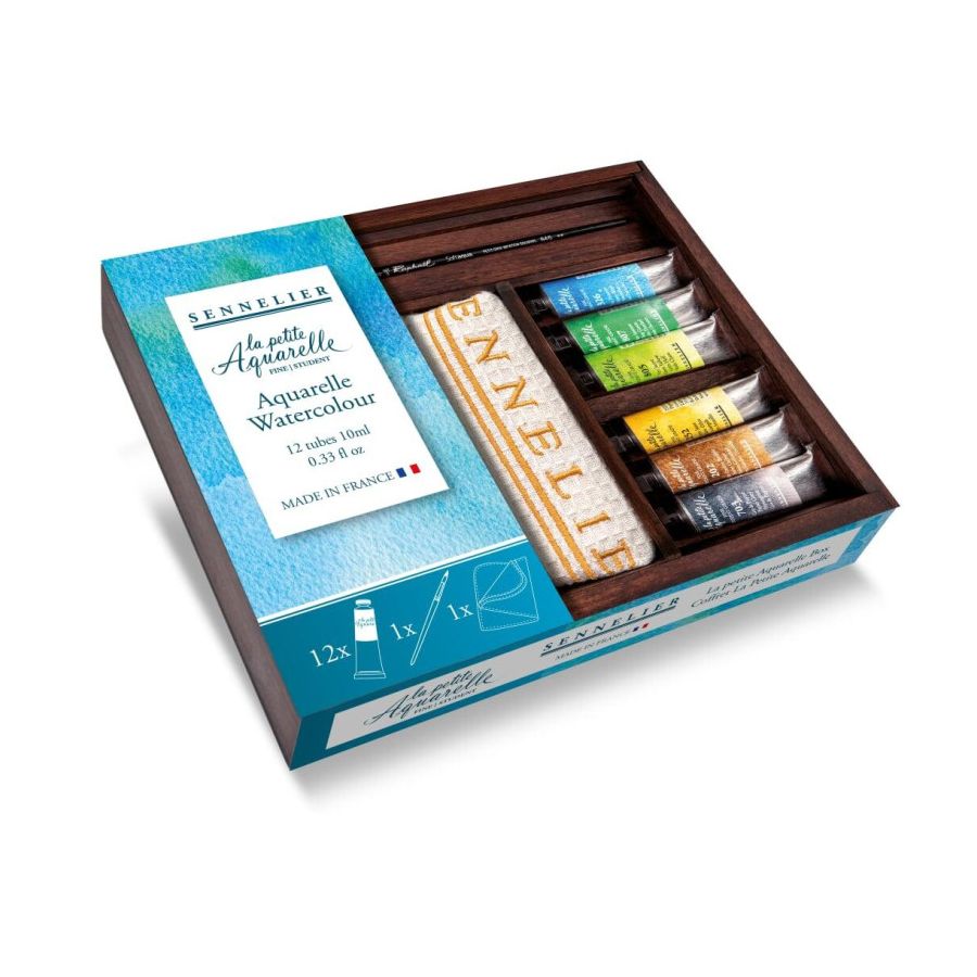 Coffret aquarelle Sennelier bois – 12 tubes 10 ml + pinceau + chiffon