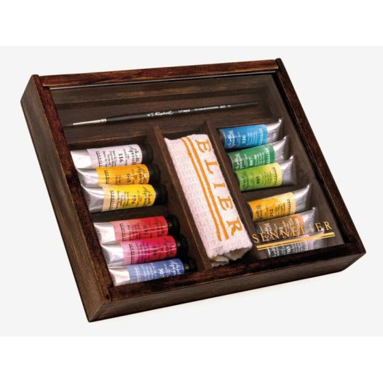 Coffret aquarelle Sennelier bois – 12 tubes 10 ml + pinceau + chiffon