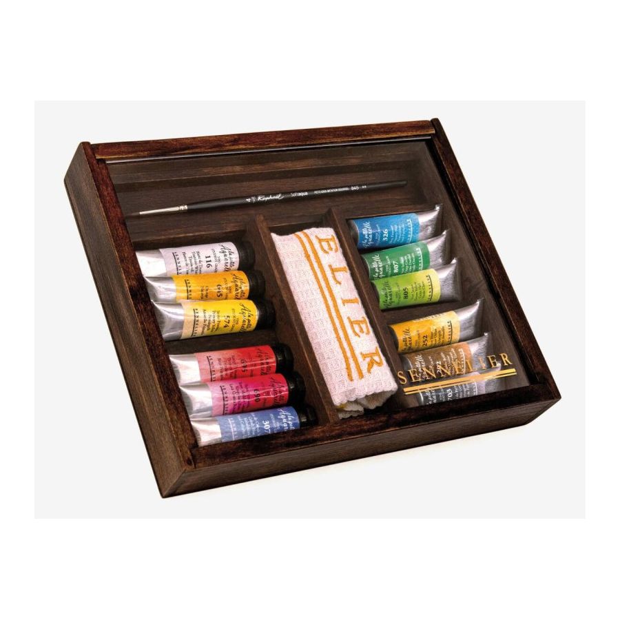 Coffret aquarelle Sennelier bois – 12 tubes 10 ml + pinceau + chiffon