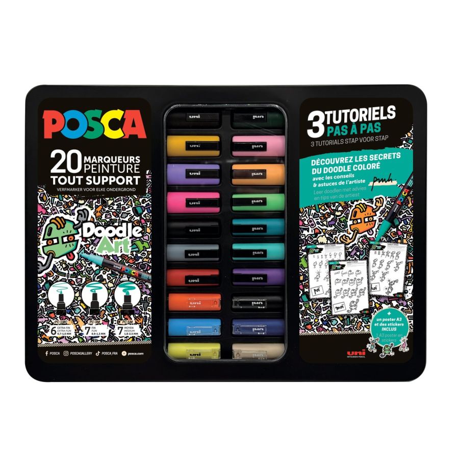 Mallette métal POSCA Doodle – 20 marqueurs peinture Uni