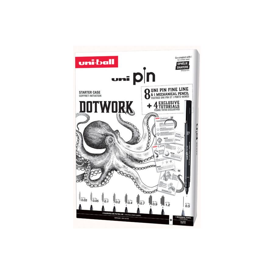 Coffret initiation Dotwork Uni Pin – 8 feutres pointe fine + porte-mine