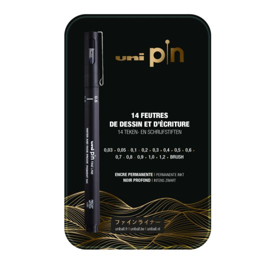 Coffret métal Uni Pin – 14 feutres noirs pigmentés (pointes + brush)