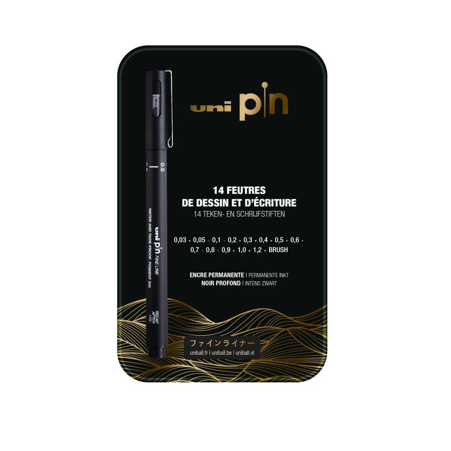 Coffret métal Uni Pin – 14 feutres noirs pigmentés (pointes + brush)