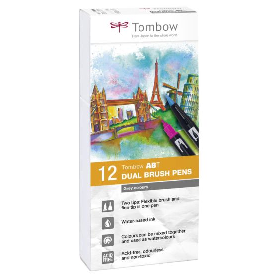 Coffret Tombow ABT – 12 feutres double pointe (nuances de gris)