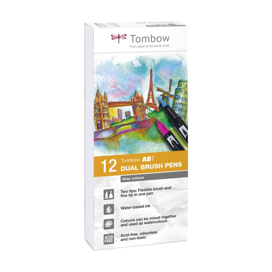 Coffret Tombow ABT – 12 feutres double pointe (nuances de gris)