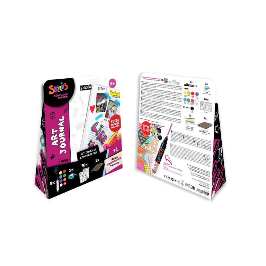 Kit Art Journal Skrib Acrylique  - 9 marqueurs, carnet, stickers et trousse – Pébéo