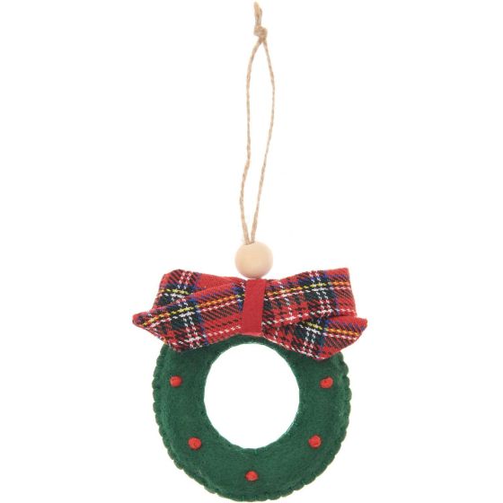 Couronne de Noël en feutrine verte 8 cm – Suspension avec nœud à carreaux