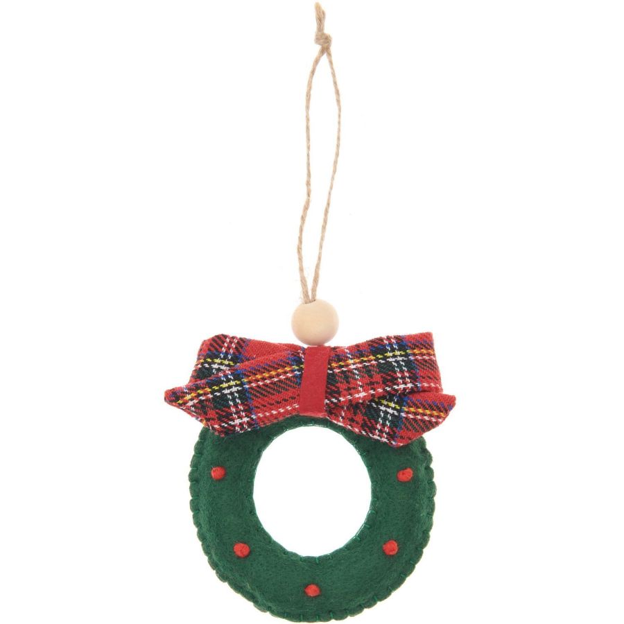 Couronne de Noël en feutrine verte 8 cm – Suspension avec nœud à carreaux
