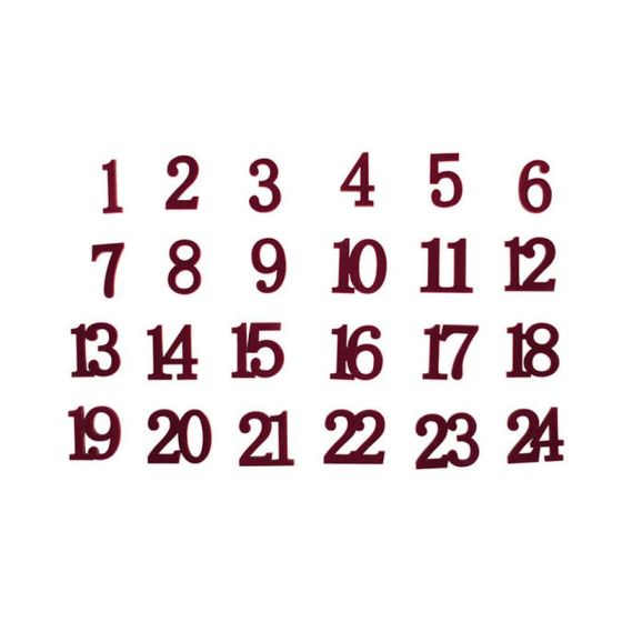Chiffres de l’Avent en bois 1 à 24 velours rouge vin Ø 3 cm – Boîte 24 pièces