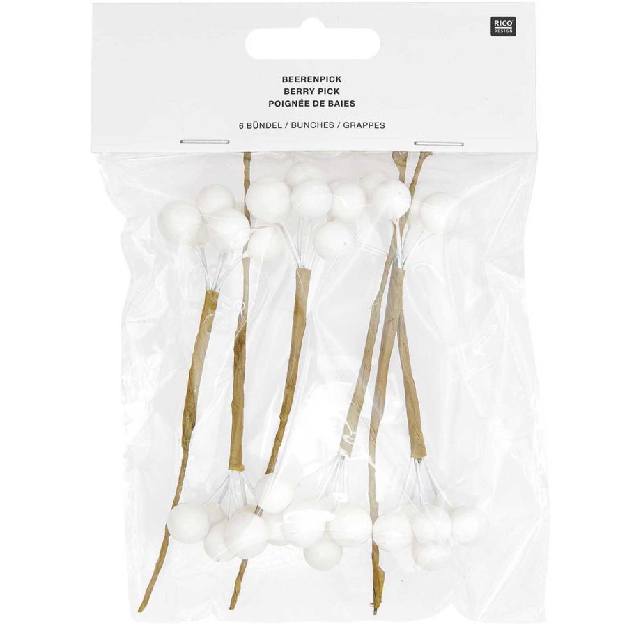Baies blanches décoratives sur tige 9 cm – Lot de 6