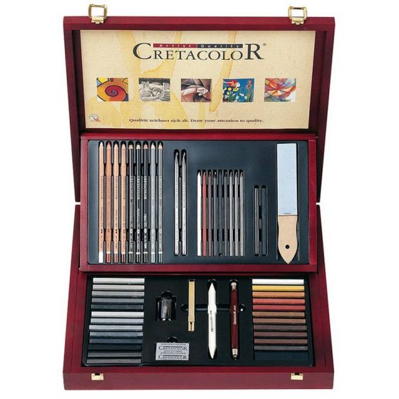 Coffret Cretacolor en bois – Crayons graphite, fusain & pastels – Techniques sèches (boîte 33,5 x 35,5 x 5,5 cm)