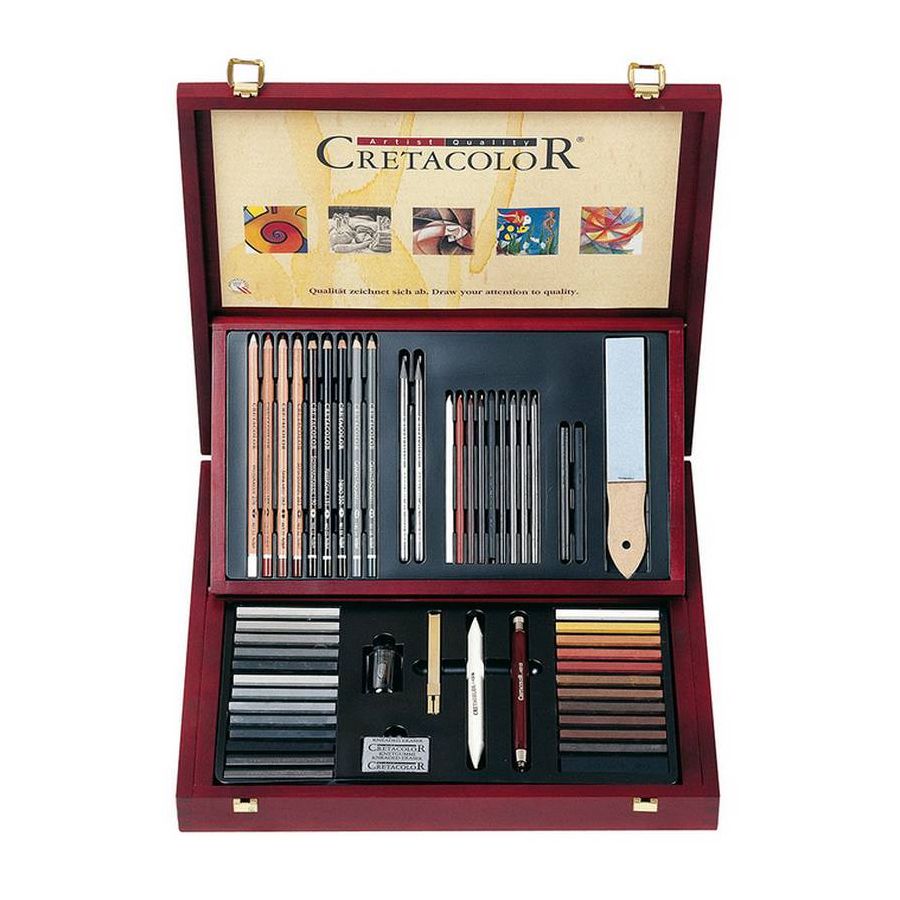 Coffret Cretacolor en bois – Crayons graphite, fusain & pastels – Techniques sèches (boîte 33,5 x 35,5 x 5,5 cm)