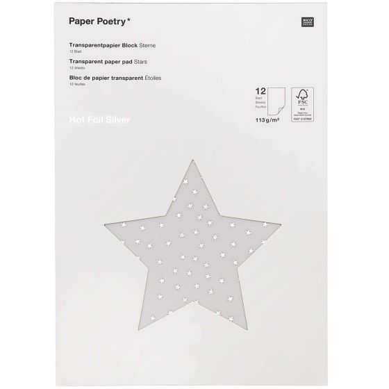 Bloc papier transparent A4 étoiles argent – 12 feuilles – Paper Poetry