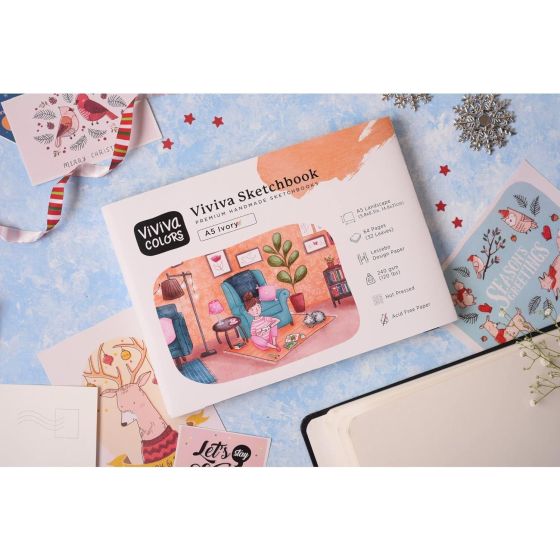 Carnet de croquis premium ivoire A5 240 g – 64 pages – fait main – Viviva Colors