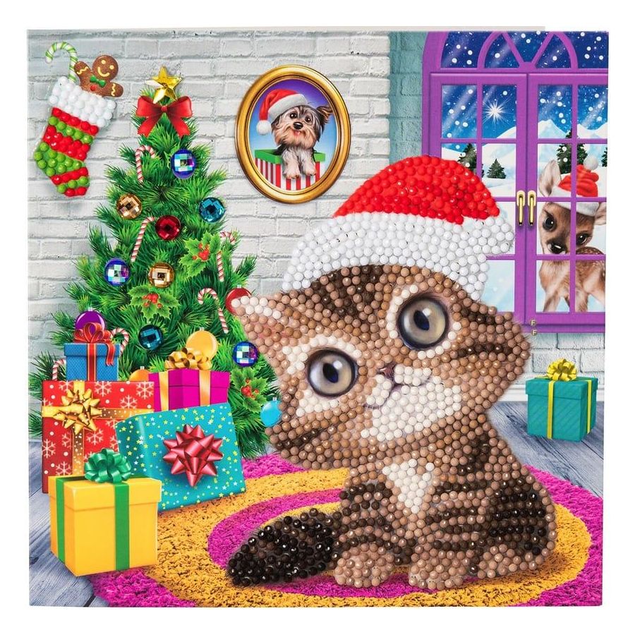Kit carte broderie diamant – Crystal Art – 18 x 18 cm – Chaton Noël