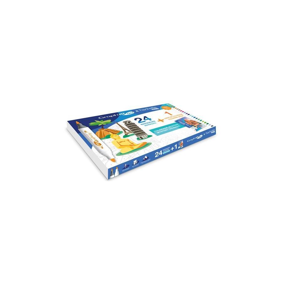 Coffret de 24 marqueurs acryliques et 1 livre de coloriage Graph'it Go x Hachette