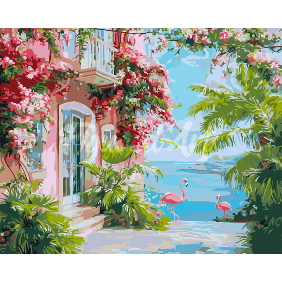 Peinture par Numéro  40x50 tendue sur châssis – Villa rose en bord de mer